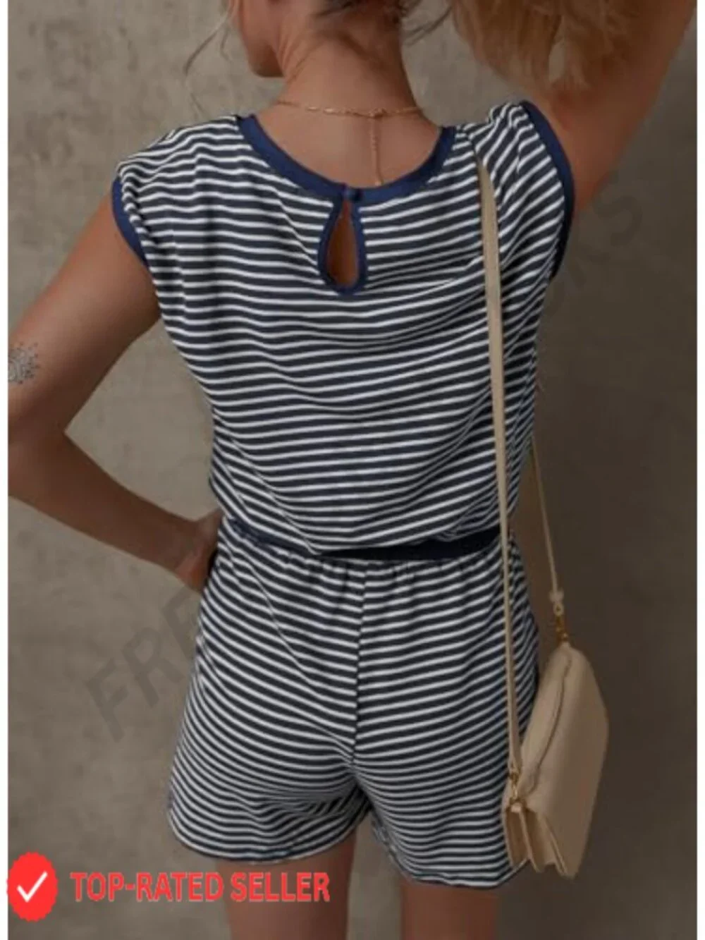 Striped Summer Romper 95% Cotton Sleeveless Adjustable Drawstring Waist